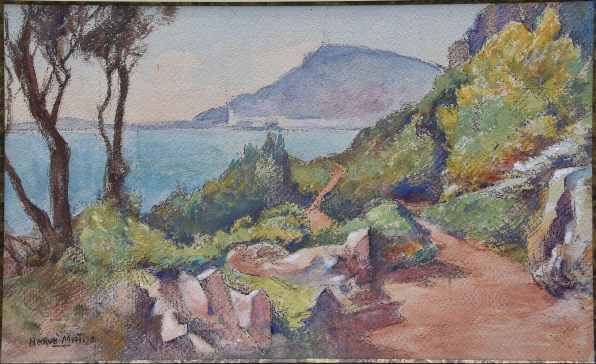 Jules Herve-mathe "cap Sicié On The "côte d'Azur"" Watercolor 33x49-photo-4